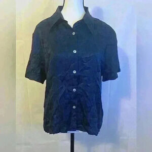 Silkland Women's Size L Dark‎ Blue Button Up Blouse w/ Floral Pattern 100% Silk